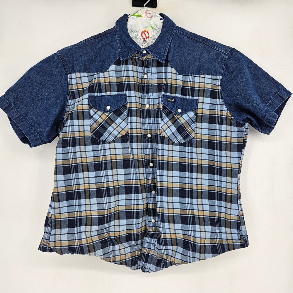 Vintage Wrangler Shirt Mens XXL Western Pearl Snap Plaid Wrancher Short Sleeve